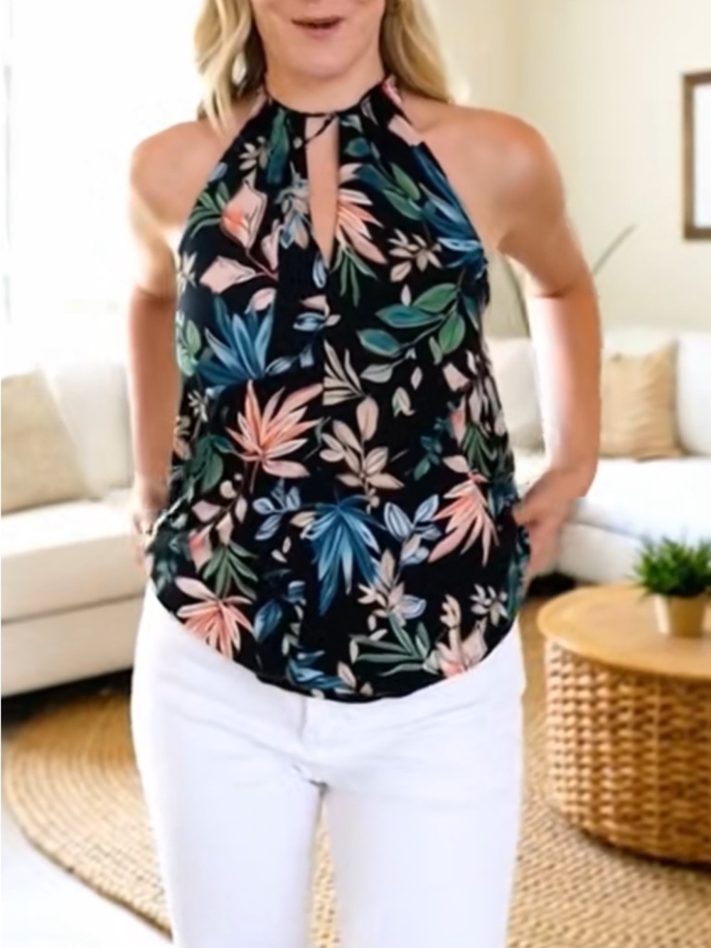 Tropical print trapeze halter blouse